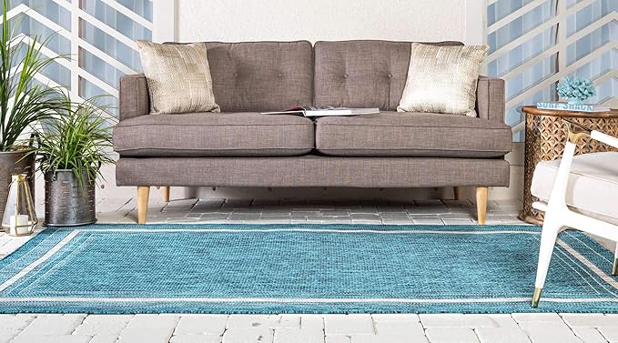 Unique Loom Outdoor Border Collection Area Rug - Soft Border (4' 1" x 6' 1" Rectangle, Teal/ Ivory)