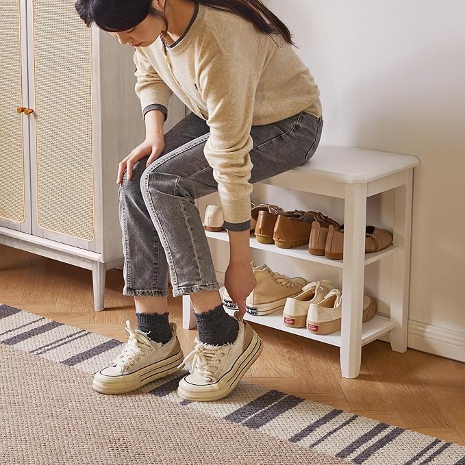 Wooden Shoe Bench, 3 Tier Organizer Entryway Bench Height Adjustable, Shoe Bench for Mudroom White YD-WD05W