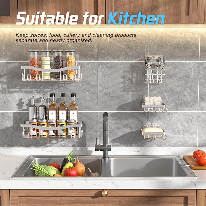 Adhesive Shower Caddy, No Drilling Bath Organizers 5 Pack, Rustproof Shelves with Soap Holder & Toothbrush Holder, Bathroom Organizers and Storage, Silver