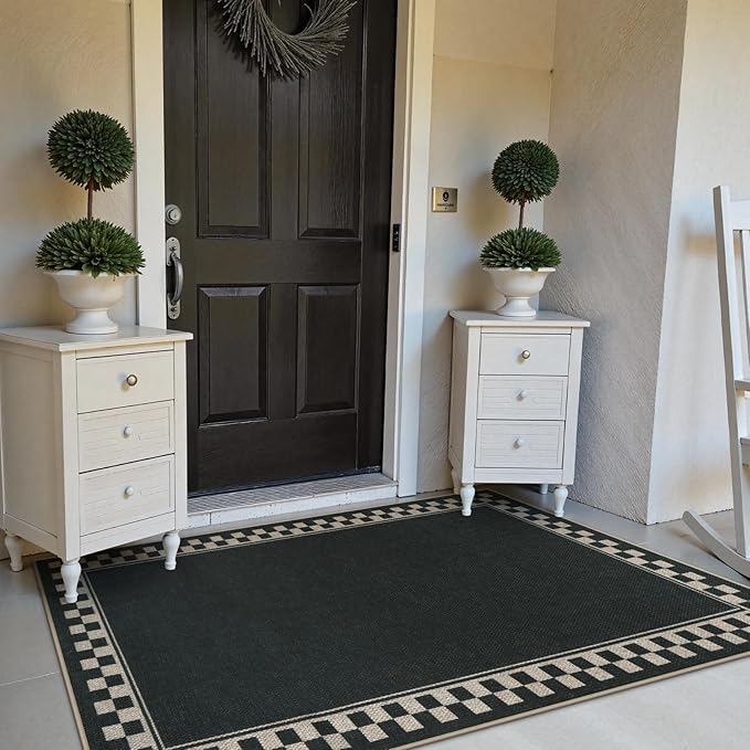 OJIA Easy Jute Outdoor Rug 3x5 Washable Rugs for Entryway, Checkered Border Black Front Door Rug Non-Slip Door Mats Indoor Outdoor Rugs Farmhouse 3x5 Area Rug for Porch Outside Patio Living Room