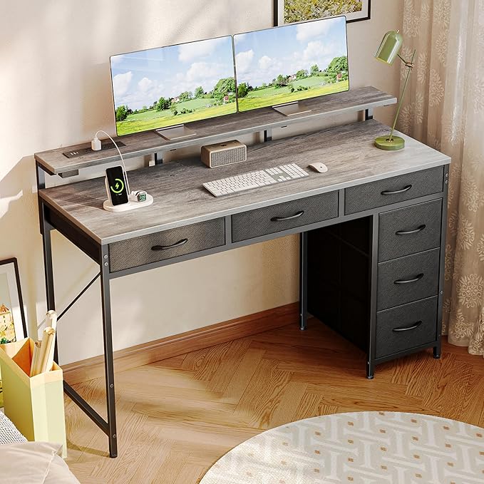 Huuger Gaming Desk with 6 Drawers, Computer Desk with LED Lights Power Outlets and Type-C, 47 Inch Office Desk with Storage, Monitor Stand, Writing Desk Work Desk for Home Office, Bedroom, Study, Grey