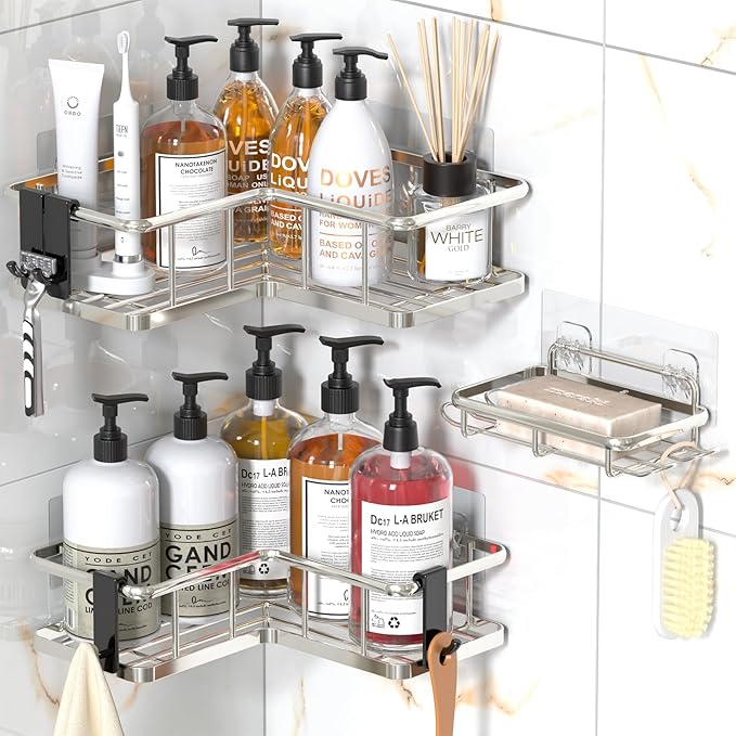 YASONIC Corner Shower Caddy Organizer, 3-Pack Self-Adhesive Rustproof Bath Shelves with Soap Holder & 4 Hooks, Large Capacity Shower Storage Rack for Bathroom Organization, Silver