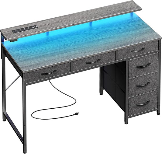 Huuger Gaming Desk with 6 Drawers, Computer Desk with LED Lights Power Outlets and Type-C, 39 Inch Office Desk with Storage, Monitor Stand, Writing Desk Work Desk for Home Office, Bedroom, Study, Grey
