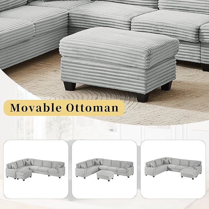 125.2" Sectional Sofa U-Shaped Upholstered Sofa L-Shaped Couch with a Movable Ottoman and Side Storage Pockets for Living Room, Grey
