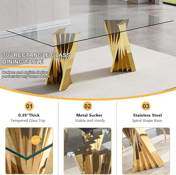 7 Piece Dining Table Set with 6 Black Dining Chairs, Modern Glass Kitchen Table and Chairs Set for 6, 70" Rectangle Gold Glass Pedestal Dining Room Tables with Flash-Shape Stainless Steel Base