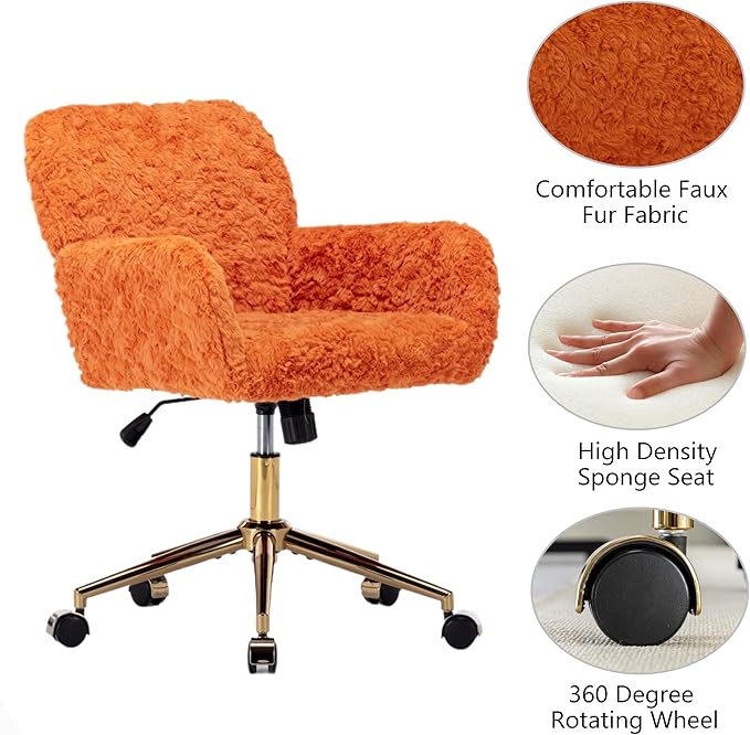 Goujxcy Faux Fur Home Office Chair, Upholstered Elegant Makeup Vanity Chair for Teen Girls Teddy Fabric Swivel Desk Chair, Height Adjustable Leisure Elegant Chair for Home Office (Orange)