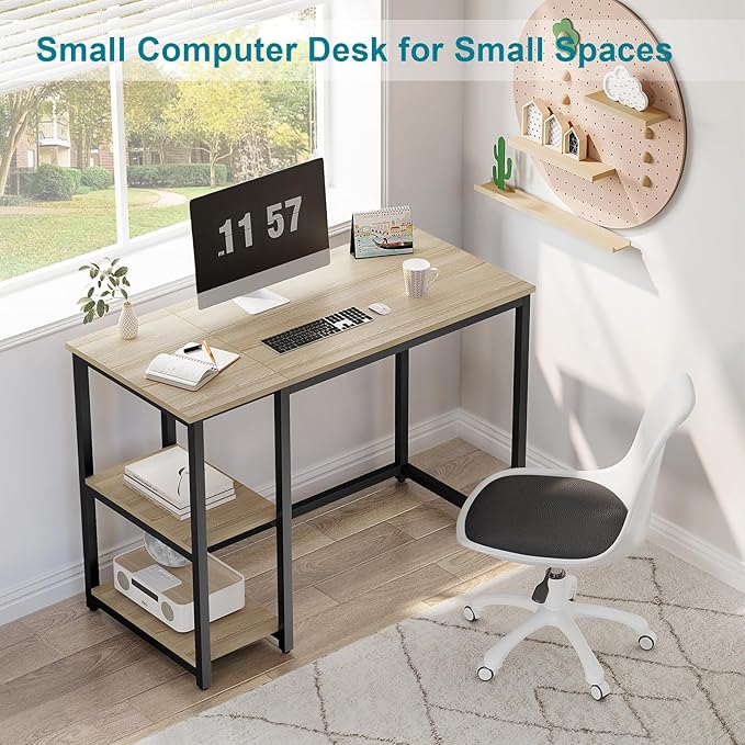 SINPAID 40'' Oak Computer Desk with Shelves, Sturdy Light Wood Desks with Storage Space, Modern Gaming Desk Study Writing Laptop Table, Beige