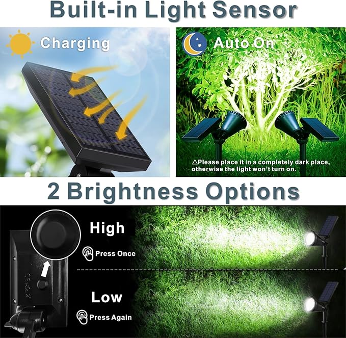 Solar Spotlights Outdoor, Bright 7-LED Landscape Spot Lights, Dusk-to-Dawn Waterproof Solar Powered Flag Pole Lights, Adjustable 2-in-1 Ground/Wall Mounted Lighting for Tree House Yard Garden (White)