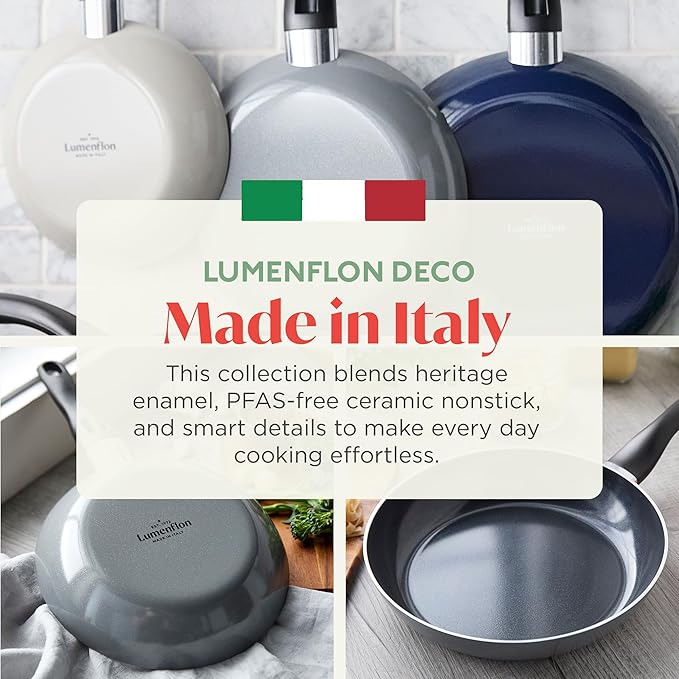Deco 11” Nonstick Frying Pan Skillet, Made in Italy, Diamond Ceramic PFAS-Free, Dishwasher & Metal Utensil Safe, Durable Gloss Enamel Finish, Stay-Cool Handle, High Walls-Extra Room, Gray
