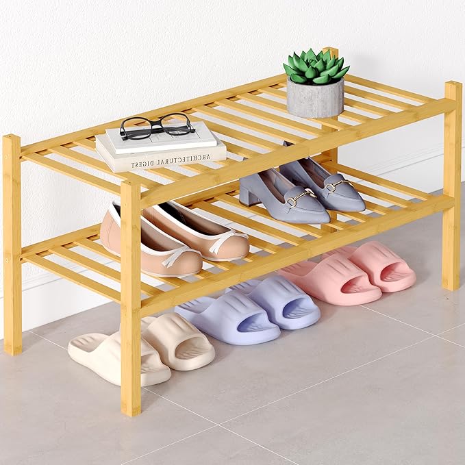 Smiry Bamboo Shoe Rack for Closet, 2 Tier Wooden Stackable Shoe Organizer, Free Standing Shoes Storage Shelf for Entryway, Front Door Entrance, Natural