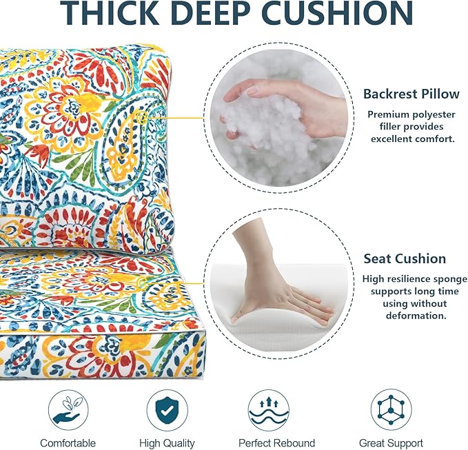 Outdoor Deep Seat Cushions Set 24 x 24 Inch for Patio Furniture,Water Resistant Chair Cushions Replacement Includes Seat Cushion & Back Pillow for Couch Sofa, Wicker Chair - Paisley Multi