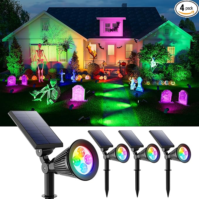 4 Pack Color Change Halloween Solar Spot Lights Outdoor Multicolor Waterproof Landscape Flood Lamp for Holiday Decorative, Skeletons, Spider Web, Bat, Statue, Ambient Lighting for Yard, Garden, Patio