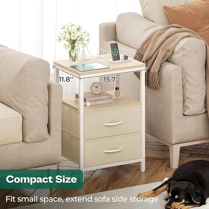 Huuger Nightstand with Charging Station, Side Table with Fabric Drawers, End Table with Open Shelf, Bedside Table with USB Ports and Outlets, Night Stand for Bedroom, White Marple