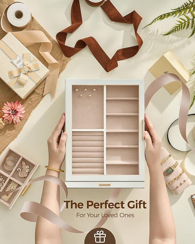 360° Rotating Jewelry Box with 7 Drawers, Spacious Vertical Jewelry Organizer with Glass Window, Jewelry Storage Case, Dustproof & Moisture-resistant Design, White