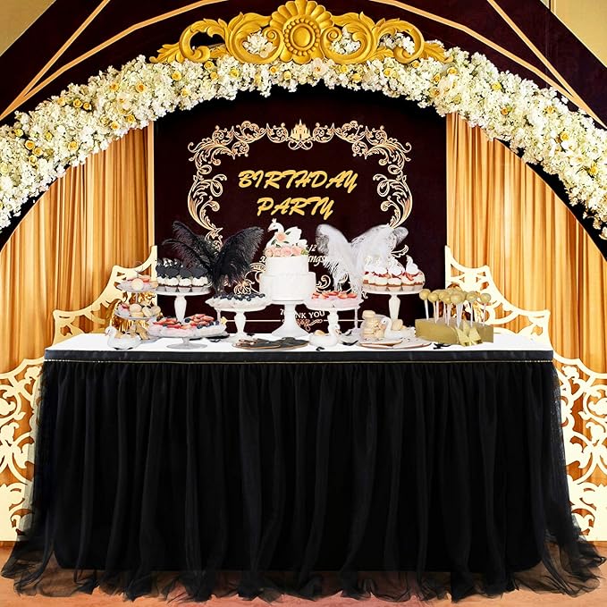 Suppromo 14 Black Tutu Table Skirt for Parties Ruffle Tulle Table Skirt for Black Gold Theme Birthday Party Graduation Wedding Baby Shower Decoraitons