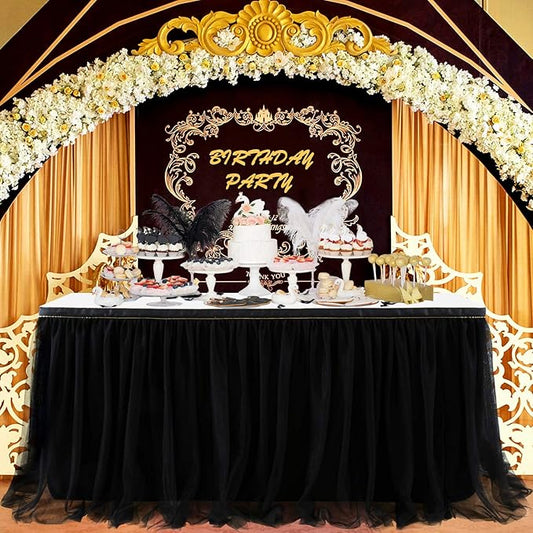 Suppromo 14 Black Tutu Table Skirt for Parties Ruffle Tulle Table Skirt for Black Gold Theme Birthday Party Graduation Wedding Baby Shower Decoraitons
