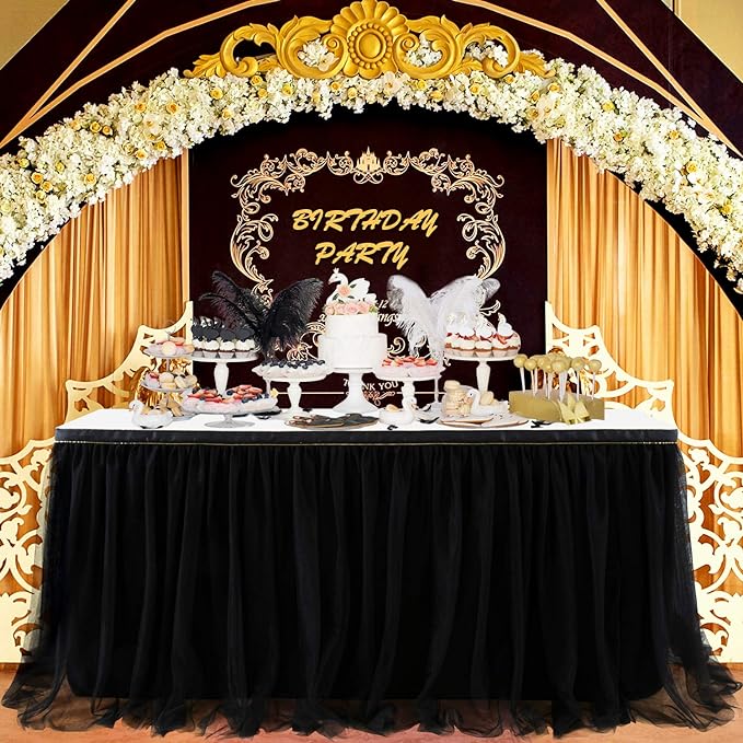 Suppromo Black Tulle Table Skirts for Birthday Party Hallowwen 6ft Ruffle Tutu Black Table Cloth for Rectangle Tables or Round Tables for Baby Shower Graduation Wedding Banquet Buffet Decoraitons
