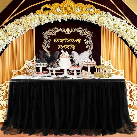 Suppromo Black Tulle Table Skirts for Birthday Party Hallowwen 6ft Ruffle Tutu Black Table Cloth for Rectangle Tables or Round Tables for Baby Shower Graduation Wedding Banquet Buffet Decoraitons