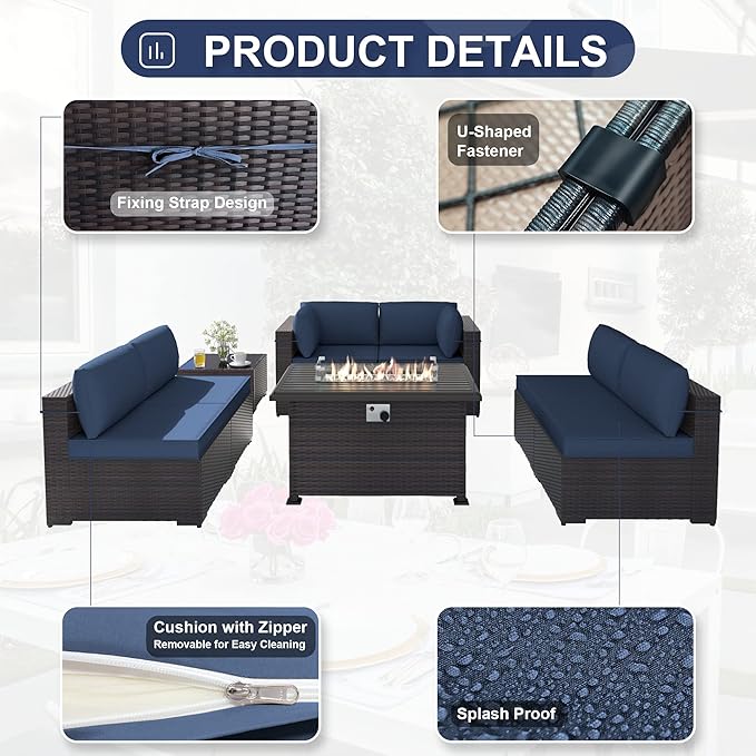 Kurapika 11 Pieces Patio Furniture Set, Rattan Wicker Outdoor Conversation Sets w/43in Propane Fire Pit Table, Swivel Rocking Chairs Patio Sectional Sofa w/4" Cushion, Navy Blue