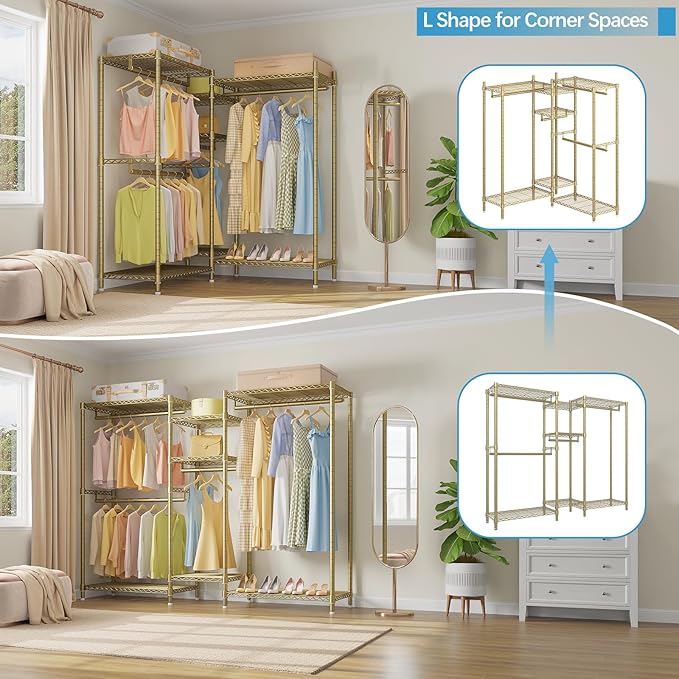 VIPEK L6 L Shaped Clothes Rack Heavy Duty Clothing Rack for Corner, 5-Tier Wire Garment Racks Metal Freestanding Closet with Adjustable Shelves, 42.1" L x 42.1" W x 76.4" H, Max Load 840LBS, Gold
