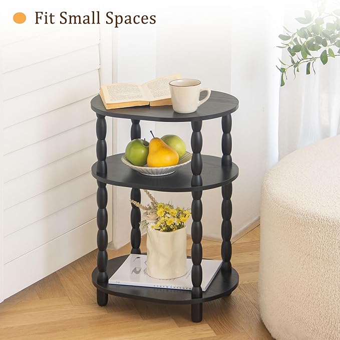 MaxSmeo Black Side Table, 3-Tier Small Oval End Table, Modern Night Stand Wood Accent Table for Living Room, Bedroom, Black