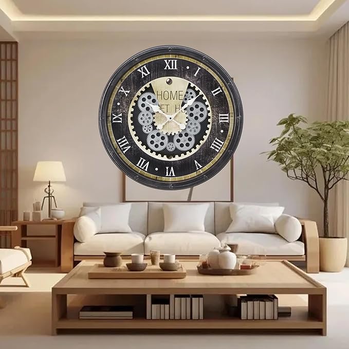 20 Inch Steampunk Wall Clock with Decorative Gears, Industrial Vintage Analog Clock for Living Room, Farmhouse, Office Decor, Silent Non-Ticking Battery Operated,Brown