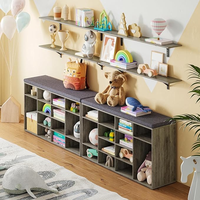 DINZI LVJ Shoe Storage Bench with Cushion, 16-Cubby Shoe Rack, Adjustable Shelves, Multifunctional Shoe Organizer Bench for Entryway, Mudroom, Hallway, Living Room, Bedroom and Garage, Gray Wash