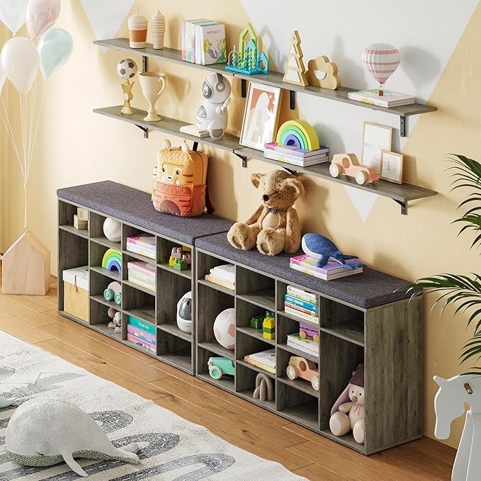 DINZI LVJ Shoe Storage Bench with Cushion, 14-Cubby Shoe Rack, Adjustable Shelves, Multifunctional Shoe Organizer Bench for Entryway, Mudroom, Hallway, Living Room, Bedroom and Garage, Gray Wash