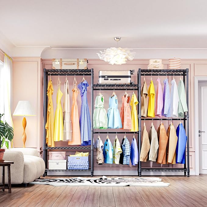 IZEUK Heavy Duty Garment Rack, Wardrobe Combination and Tall Dresser with Hanging Rack for Clothes with 5 Rods, Freestanding Adjustable Metal Closet Organizer, 15.7" D x 70.8" W x 76.5" H, Black