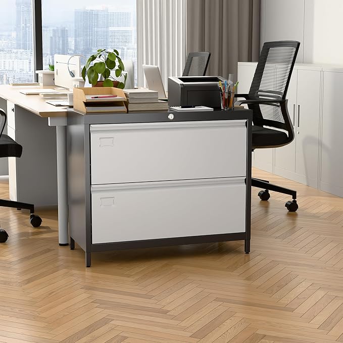 Metal Lateral File Cabinet with 2 Drawers, Wide Lateral Filing Cabinet with Lock for Hanging Files Letter/Legal/F4/A4 Size for Home Office School, Black and Grey, Assembly Required