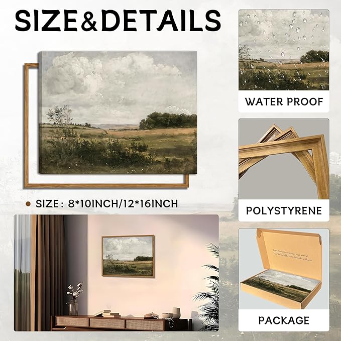 Floating Framed Vintage Canvas Wall Art - Wilderness Landscape Wall Decor, Elegant Natural Farmhouse Scenery Paintings Print for Living Room Bedroom Office Home Decoration 12x16 inch