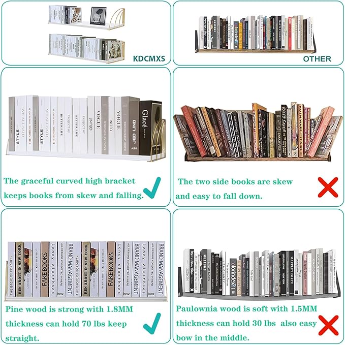 Gold White Shelves Pine Wood 23.5×7.87 Inch Book Shelf for Wall with Elegant Lines,Gold Floating Shelves,Floating Shelves for Wall,White Floating Bookshelf Set of 2.