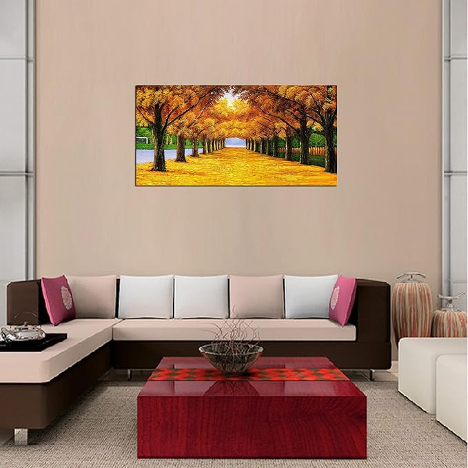 XXMWallArt FC2150 Wall Art Golden Autumn Scene Canvas Prints Painting Gold Tree Paintings Pictures Framed for Living Room Bedroom Kitchen Home and Office Wall Decor