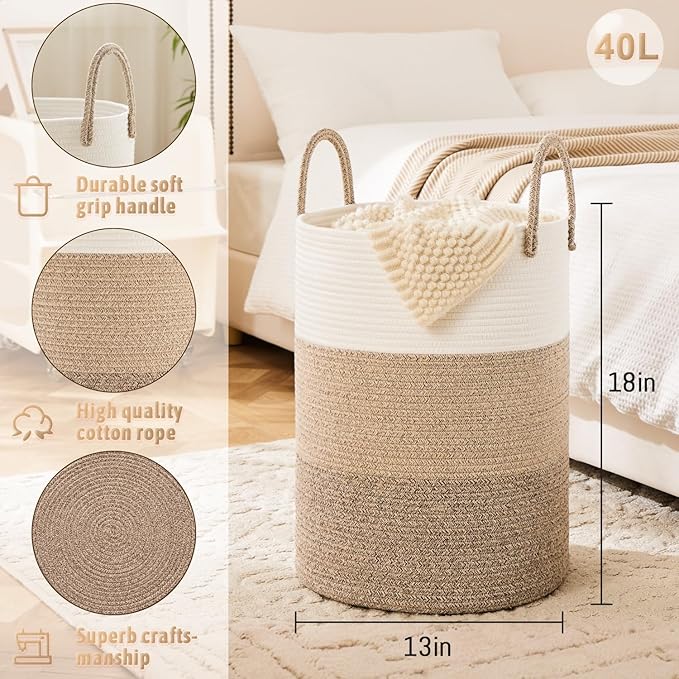 Laundry Basket,Woven Cotton Rope Laundry Hamper,40L for Decorative Storage of Dirty Clothes,Toys and Blankets in Bathroom,Bedroom and Living Room