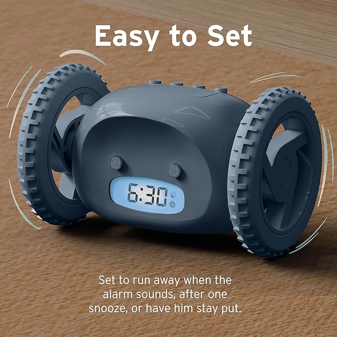 CLOCKY Extra Loud Alarm Clock for Heavy Sleepers on Wheels Rolls Runs Away Vibrating, Easy to Set Super Smart Snooze Digital Bed Shaker Alarm Clock Funny Gift for Adults Kids Teens Bedrooms (Slate)
