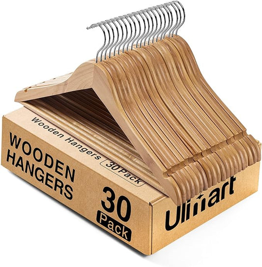 Wooden Hangers - 30 Pack Solid Wood Clothes Hangers with Bar for Closet (Natural)