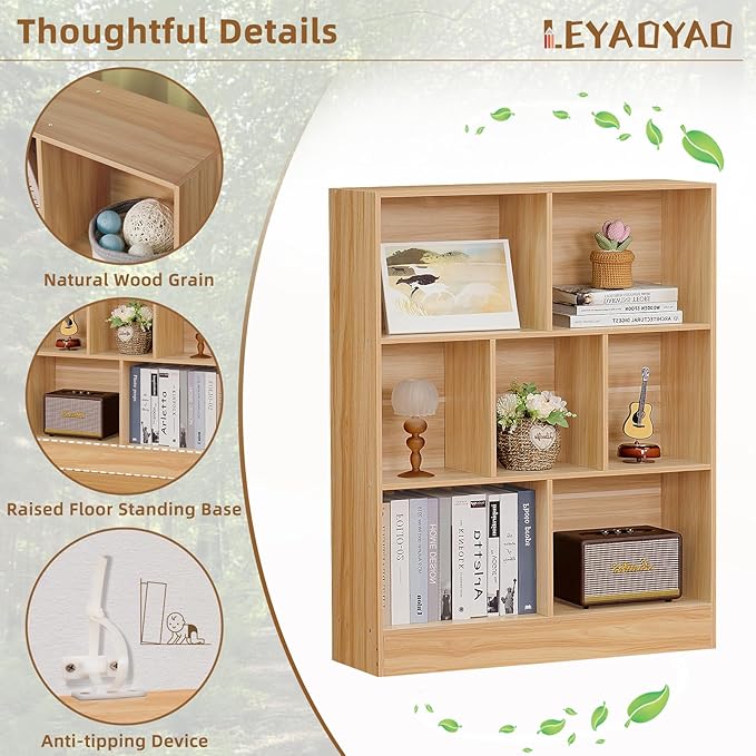 LEYAOYAO 7 Cube Bookshelf with Base,3 Tier Mid-Century Modern Natural Bookcase,Standing Wide Bookshelves Storage Organizer Shelf,Rustic Wood Display Cabinet Book Shelves for Bedroom,Living Room,Office