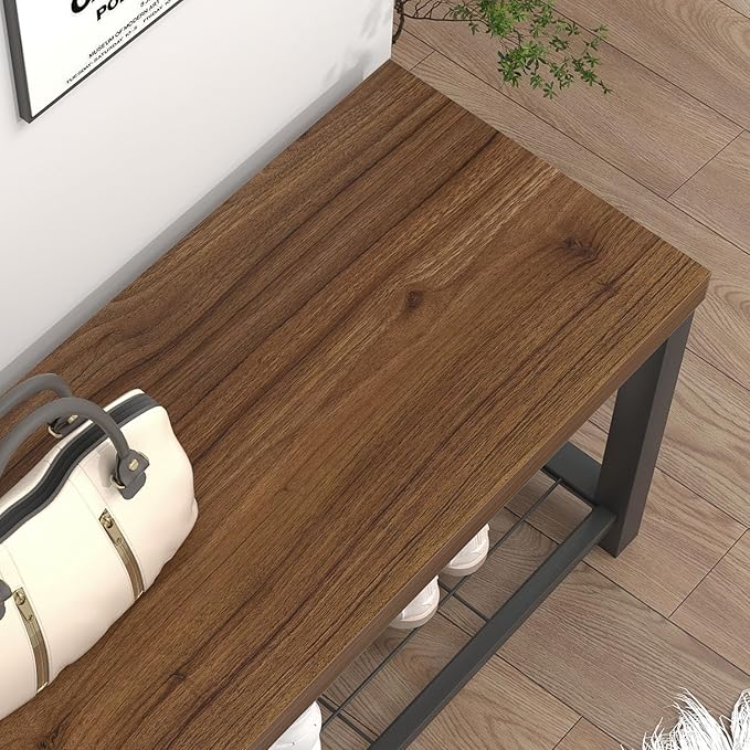 FOLUBAN Modern Entryway Bench - Rustic Wood and Metal Shoe Storage for Hallway Front Door Entrance, Industrial Indoor Seat for Bedroom Living Room, 43 Inch Walnut