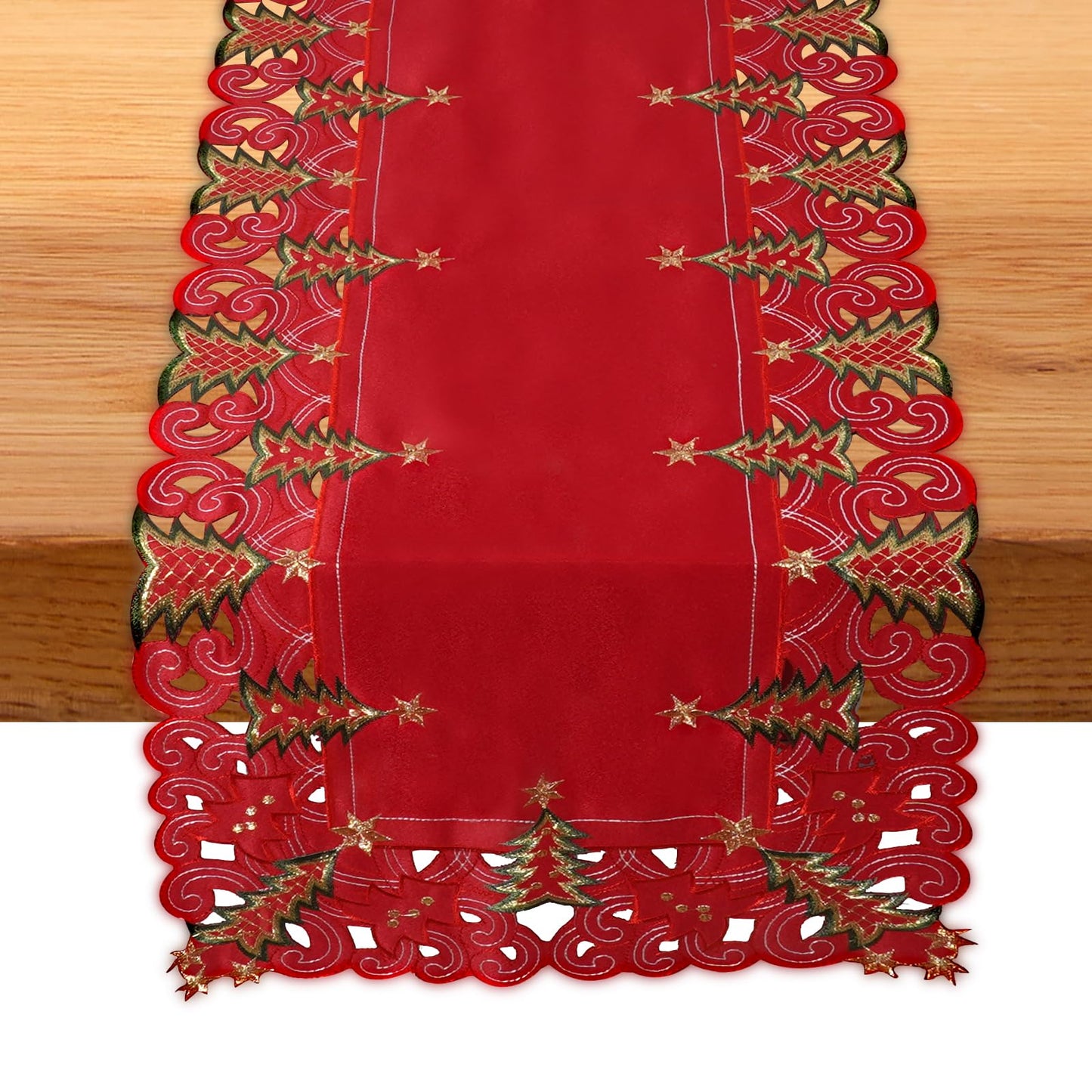 SHANGRLA Red Christmas Tree Table Runner 72 Inches Long – Embroidered Lace Tablerunner with Xmas Tree Design, Elegant Festive Dining Room Table Decor, Holiday Table Linen Centerpiece