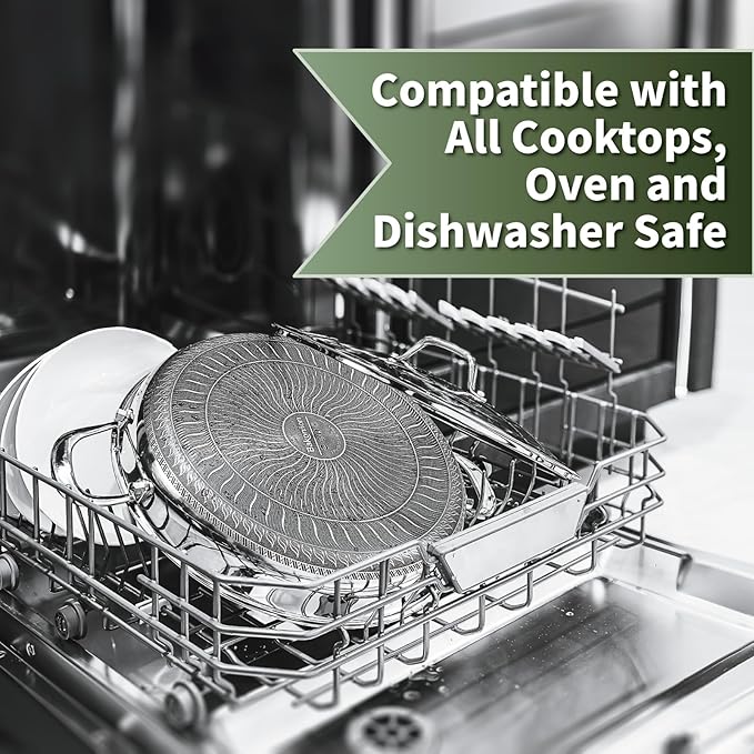 Hybrid Nonstick Skillet with Lid 13 Inch, Stainless Steel Paella Pan with Two Handles Multi-Functional Pan Dishwasher and Oven Safe