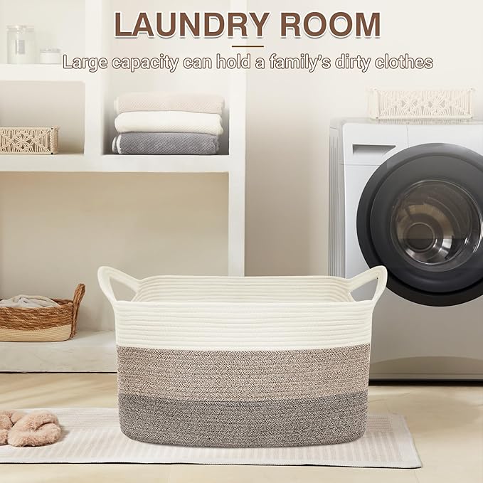 Large Laundry Hamper Blanket Basket，21.6''×14.9''×19.6'' Cotton Rope Woven Laundry Basket for Organizing, Rectangle Toy Basket for Living Room, Bedroom