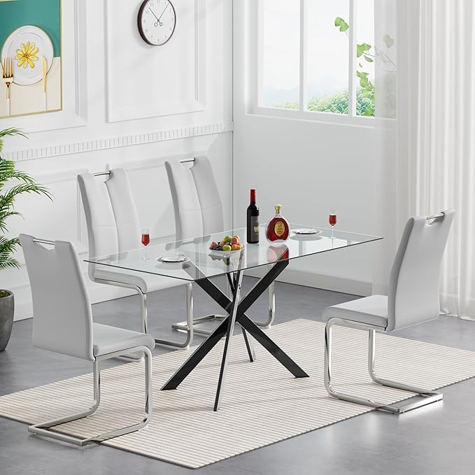 Modern Glass Dining Table Set for 4, Black Glass Kitchen Table and Chairs Set of 4, 5 Piece Dining Room Table Set with 61" Rectangular Metal Glass Dinner Table and 4 Grey Leather Dining Chairs