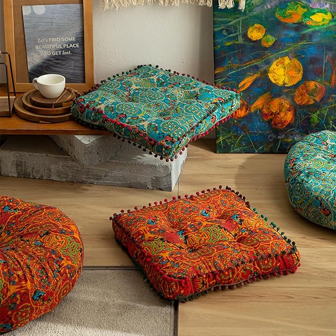 Blue Bohemian Seat Cushion,Indoor Boho Chair Cushions for Dining Chairs,Square Chair Pad,Decorative Seat Cushions for Kitchen Chairs (Blue Square A 16X16)