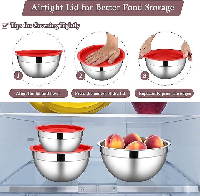 LIANYU Stainless Steel Mixing Bowls with Leak-Proof Lids, 3 Pieces Stainless Steel Deep Nesting Mixing Bowls for Kitchen Cooking, Storage, Baking, 1.5QT & 3QT & 4.6QT, Red