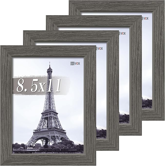 VCK 8.5x11 Picture Frame Set of 4 - Grey, Gallery-Quality Wood Poster Frames, 1.1-Inch Wide Border, Polished Plexiglass, Vertical or Horizontal Wall & Tabletop Display for Photo/Art/Prints, Grey