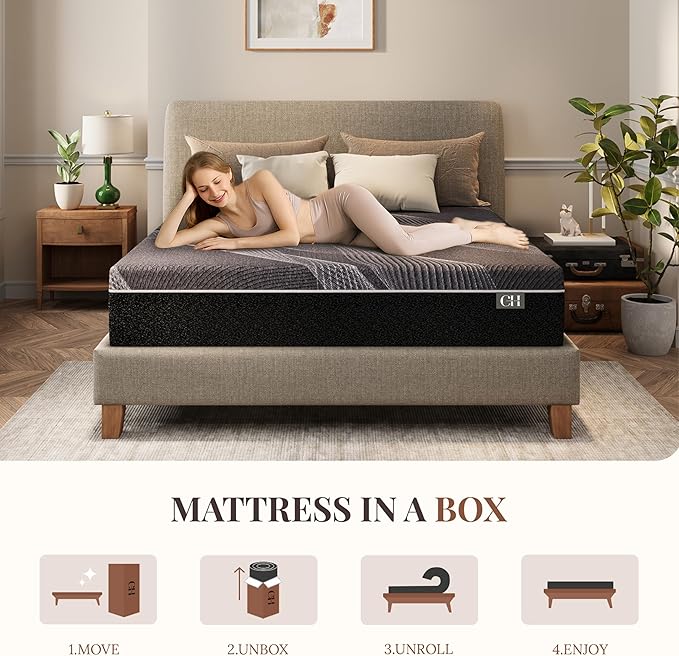 CH CHARME HOUSE 10 Inch Twin Mattress, Bamboo-Charcoal Memory Foam Mattress, Cooling & Pressure Relief, Bed in a Box, Foam Made in USA & CertiPUR-US Certified, 38"x75"x10", Black
