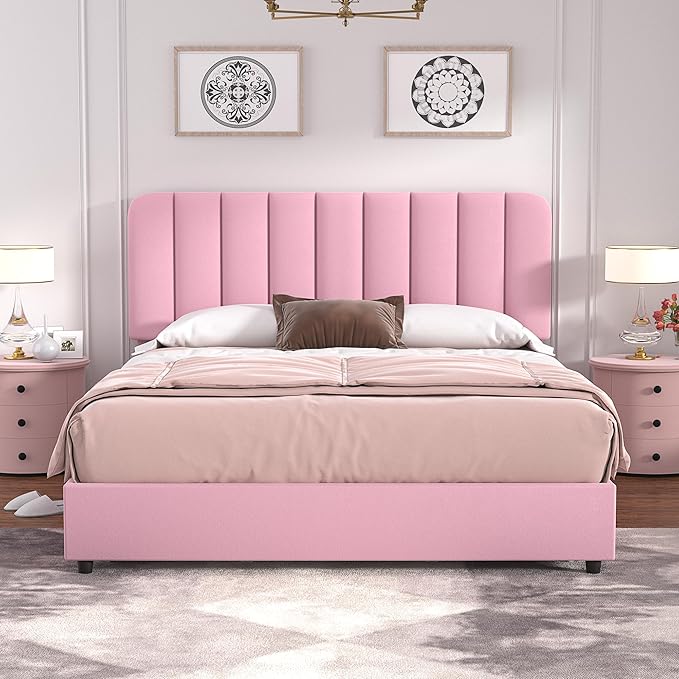 VECELO Full Size Upholstered Bed Frame with 4 Drawers and Headboard, Velvet Platform Storage Bedframe, Wooden Slats Support, No Box Spring Needed,Pink