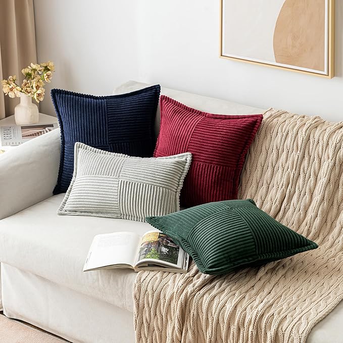 MIULEE Christmas Decorative Lumbar Throw Pillow Covers for Couch Bed Livingroom 12x20 Inch Set of 2 Dark Green Boho Accent Throw Pllows Broadside Striped Patchwork Soft Corduroy Pillowcases