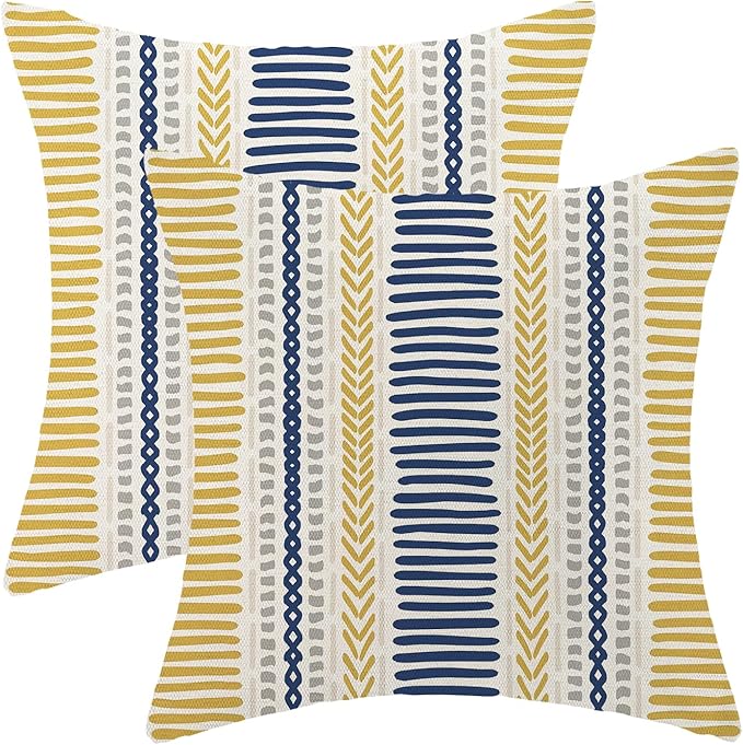Boho Pillow Covers 18x18 Set of Yellow Blue Stripes Throw Pillow Covers Outdoor Decoration,Bohemian Abstract Modern Decor Pillowcase Farmhouse Linen Decorative Cushion Cover for Sofa Couch