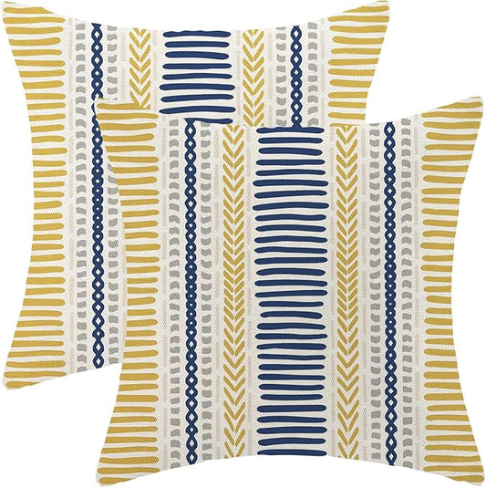 Boho Pillow Covers 18x18 Set of Yellow Blue Stripes Throw Pillow Covers Outdoor Decoration,Bohemian Abstract Modern Decor Pillowcase Farmhouse Linen Decorative Cushion Cover for Sofa Couch